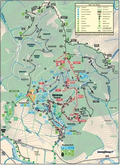 Map of Glentress Forest trails with legends for routes and features.