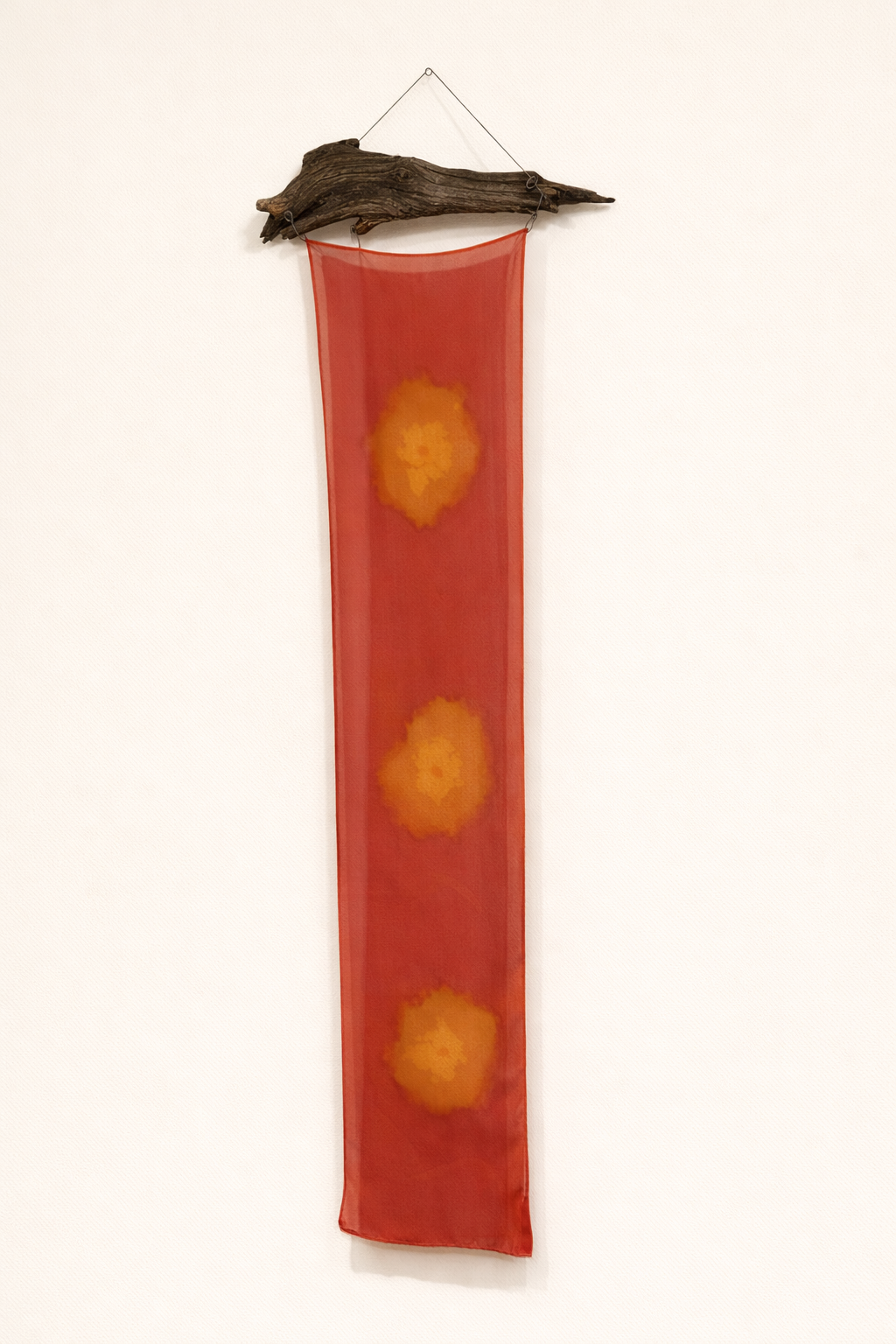 Rose Gold #2 - 61x22" Painted Silk Chiffon Taestry - Found wood, deerskin lacing 