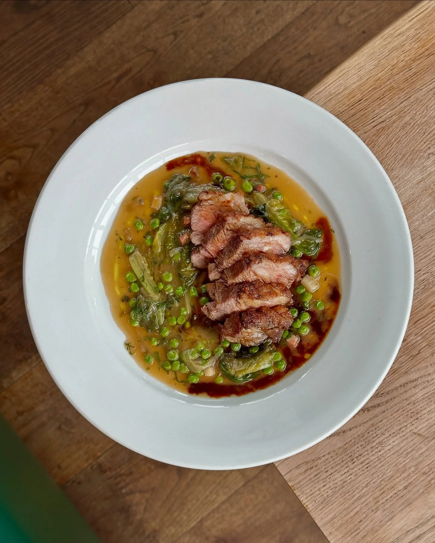 Lamb rump, braised gem lettuce, pancetta, peas &amp; mint.