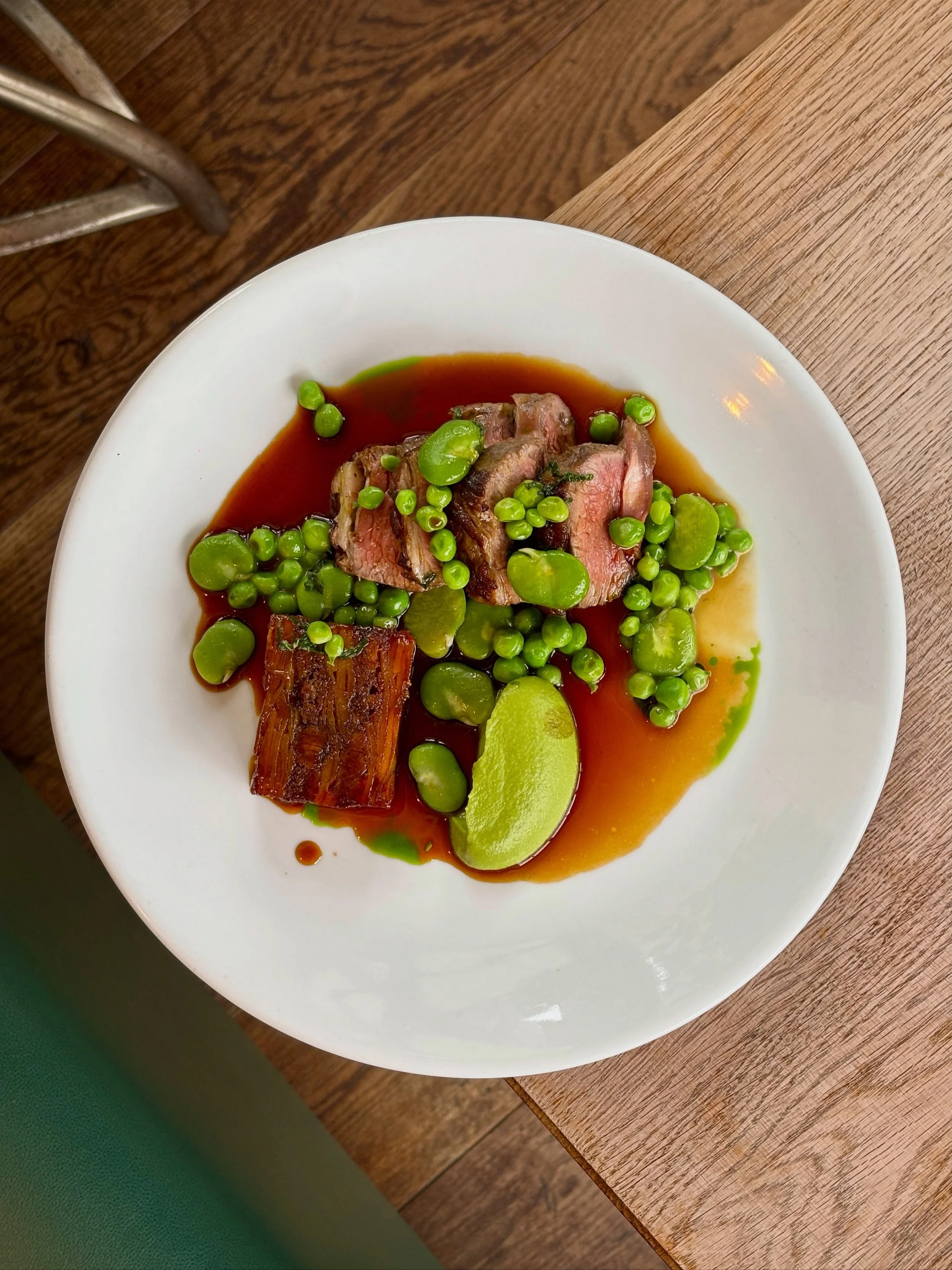 Roasted lamb rump with lamb shoulder potato cake and minted broad beans &amp; peas.