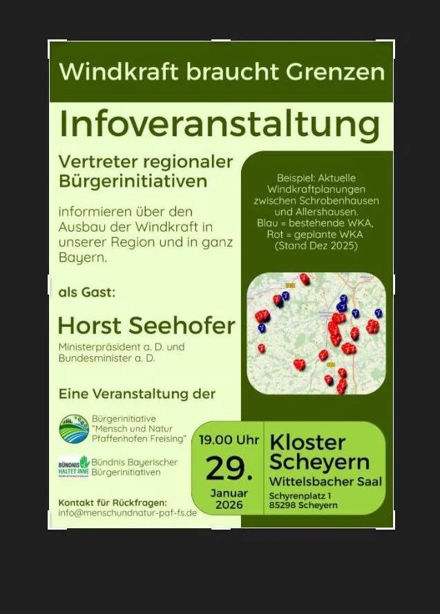 Horst Seehofer kommt am 29. Januar als Gast nach Scheyern. Thema: Windkraft braucht Grenzen