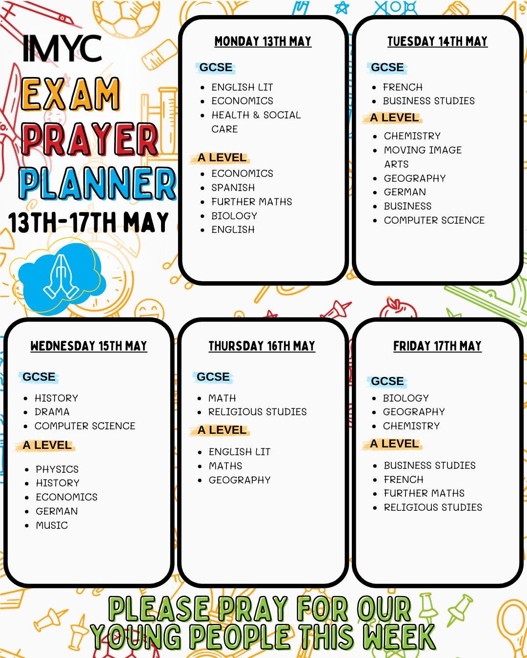 📝 WEEK 2 OF EXAMS 📝

This week is going to be another busy one for exams. 
We're praying for you as you enter this week! 🙌🙏