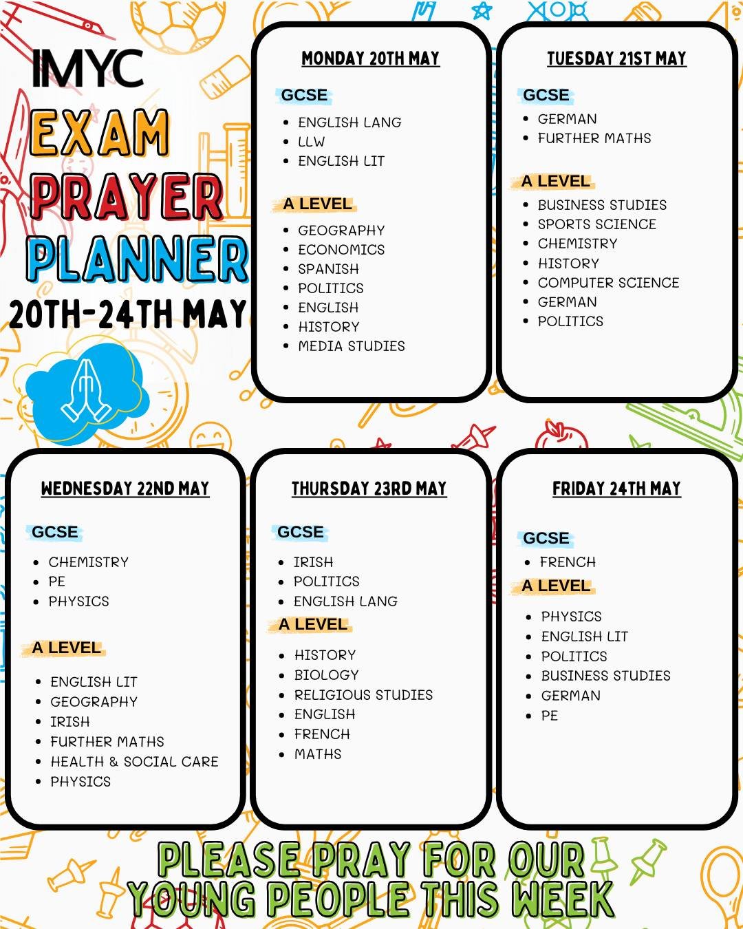 📝 WEEK 3 OF EXAMS 📝

We are heading into a very busy week of exams.
We are praying for you as you go into this week 🙏

Know that God goes with you 🙌