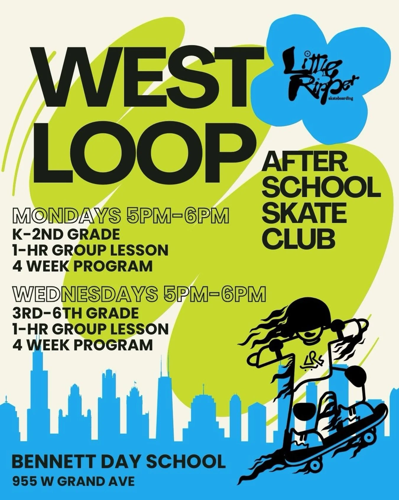 THE MAP JUST GOT BIGGER 🏙️🛹

🚨After School Skate Clubs now in the West Loop + Downtown

Same sessions. More spots.

Open to the public.

flyer by @elissa_dianna 

🔥🔥book now | new location🔥🔥

#❤️skateboarders #kids #children #skate #skateboard