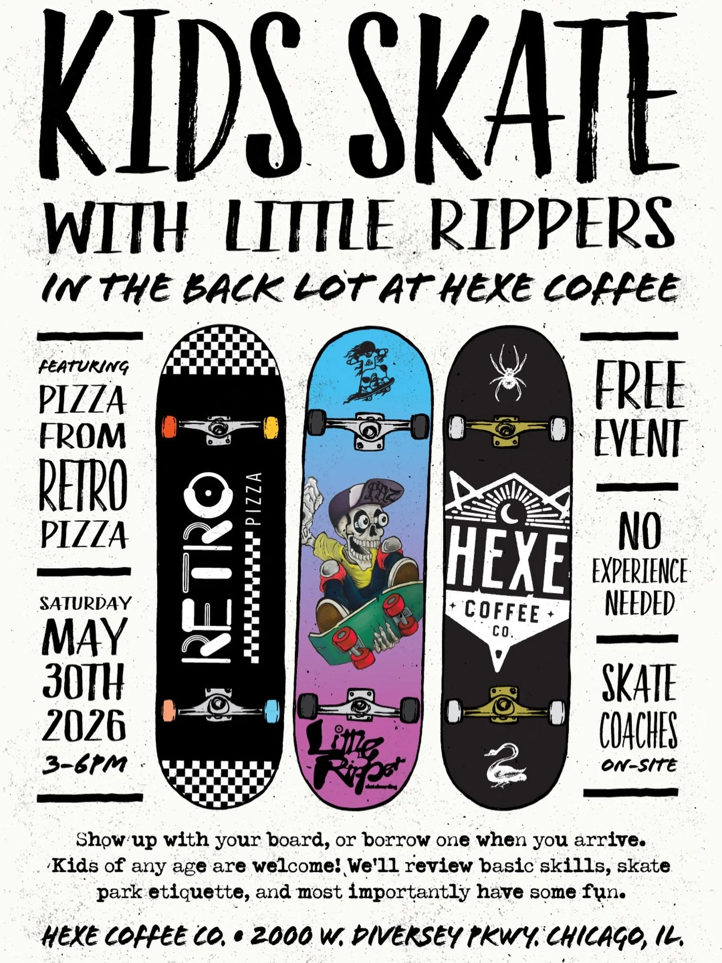 pull up to the summer annual collab with @hexecoffee ☕️🛹

featuring @retropizzachicago 🍕🍕🍕🍕🍕🍕🍕

flyer by @iamscarlettart 

🔥🔥book now | FREE SKATING🔥🔥
 
#❤️skateboarders #kids #children #skate skateboardingisfun skateeverydamnday chicago 