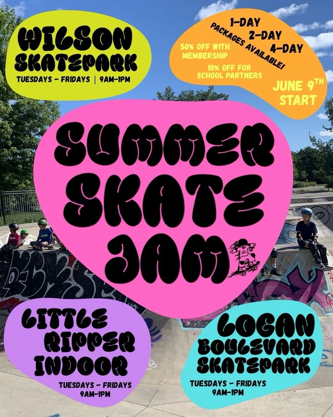 🌞 SUMMER STARTS JUNE 9TH 🌞

🛹 SSJ is BACK &mdash; aka Summer Skate Jam / Summer Skate Camp!

Built for busy city families with flexible options all summer long ✨
✔️ Single-day sessions available
✔️ Half-off for all members ❤️&zwj;🔥

Spots are fil