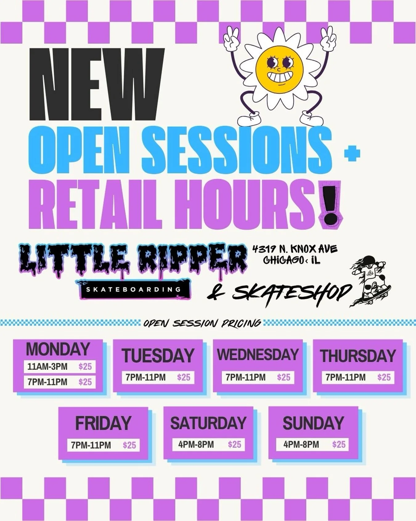 STARTS JUNE 1ST‼️
OPEN SESSIONS ARE HERE.

CHICAGO now has an indoor skate space open to the public. Ages 13+.

4-hour sessions for $25.
Limited capacity &mdash; book online to lock in your spot. Walk-ins welcome.

Open Session hours mirror shop hour