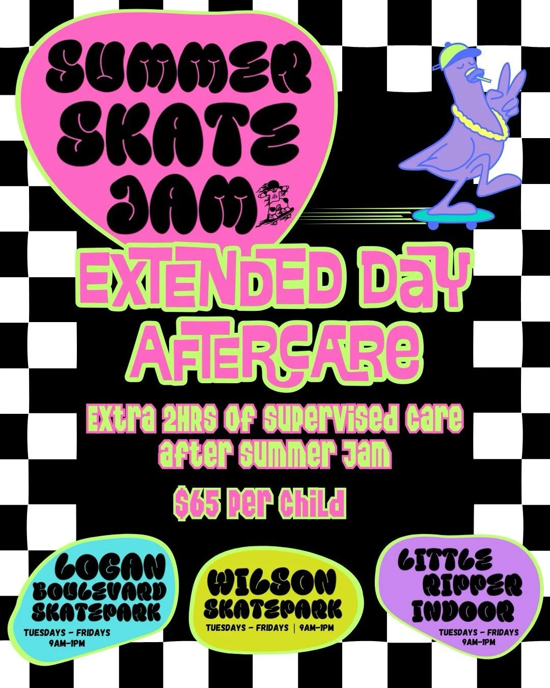 SCHOOL&rsquo;S OUT NEXT WEEK! 🎉

Parents, we got you ❤️&zwj;🔥

🛹 Summer Skate Jams (aka Skate Camps)
⏰ NEW Extended Day Aftercare
✅ Up to 2 extra hours of supervised care

$65 per child

🔥 BOOK NOW &mdash; SUMMER SPOTS ARE GOING FAST 🔥

#skatebo