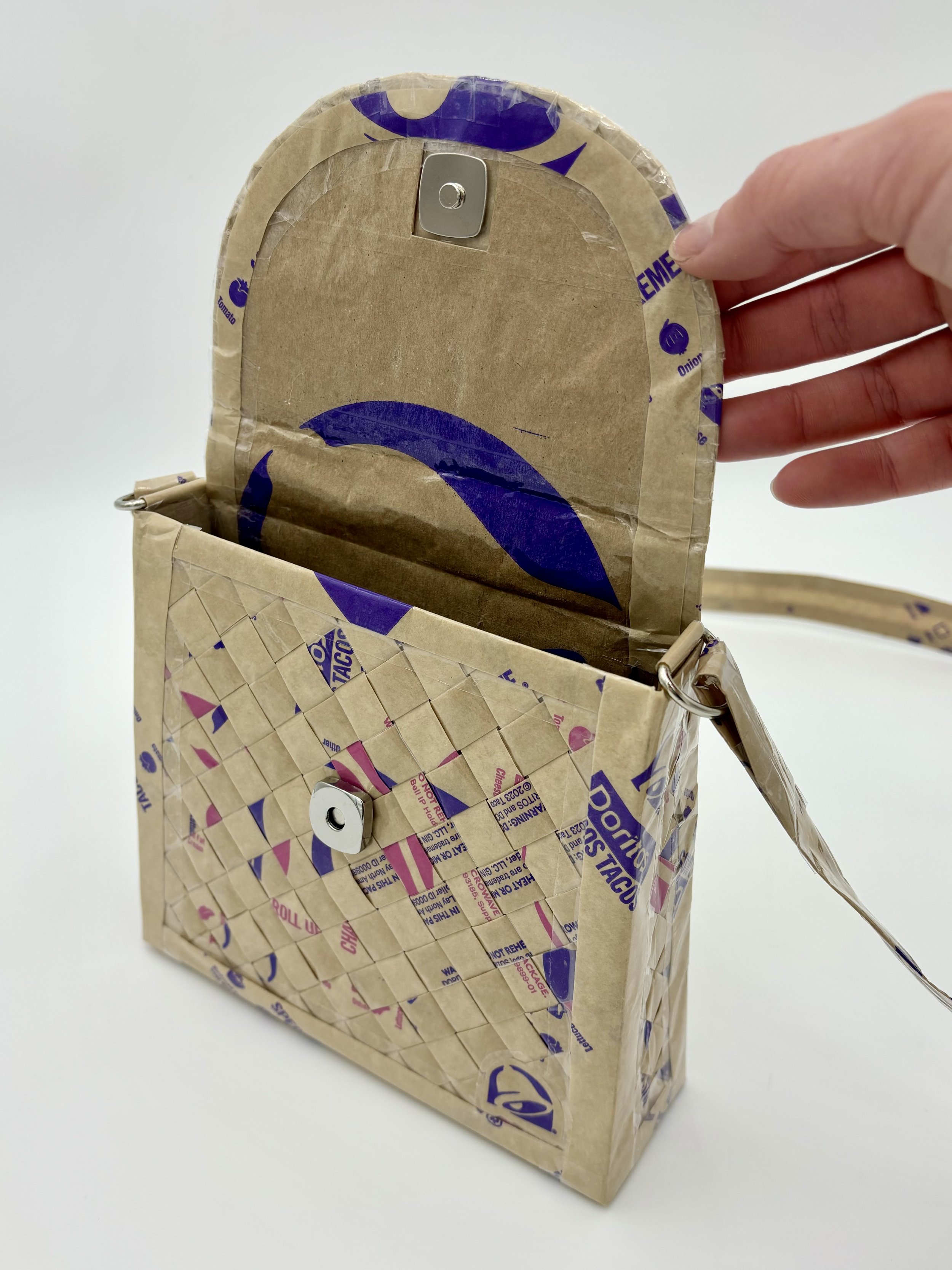 A Taco Bell Taco Wrapper Purse. Close Up.