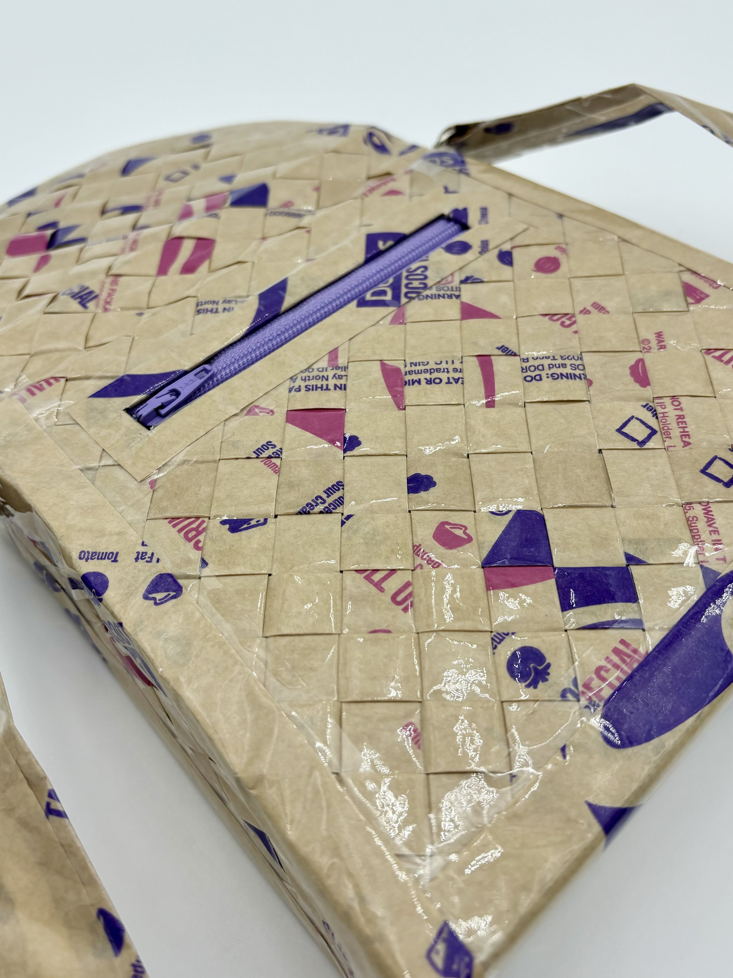 A Taco Bell Taco Wrapper Purse. Close Up.