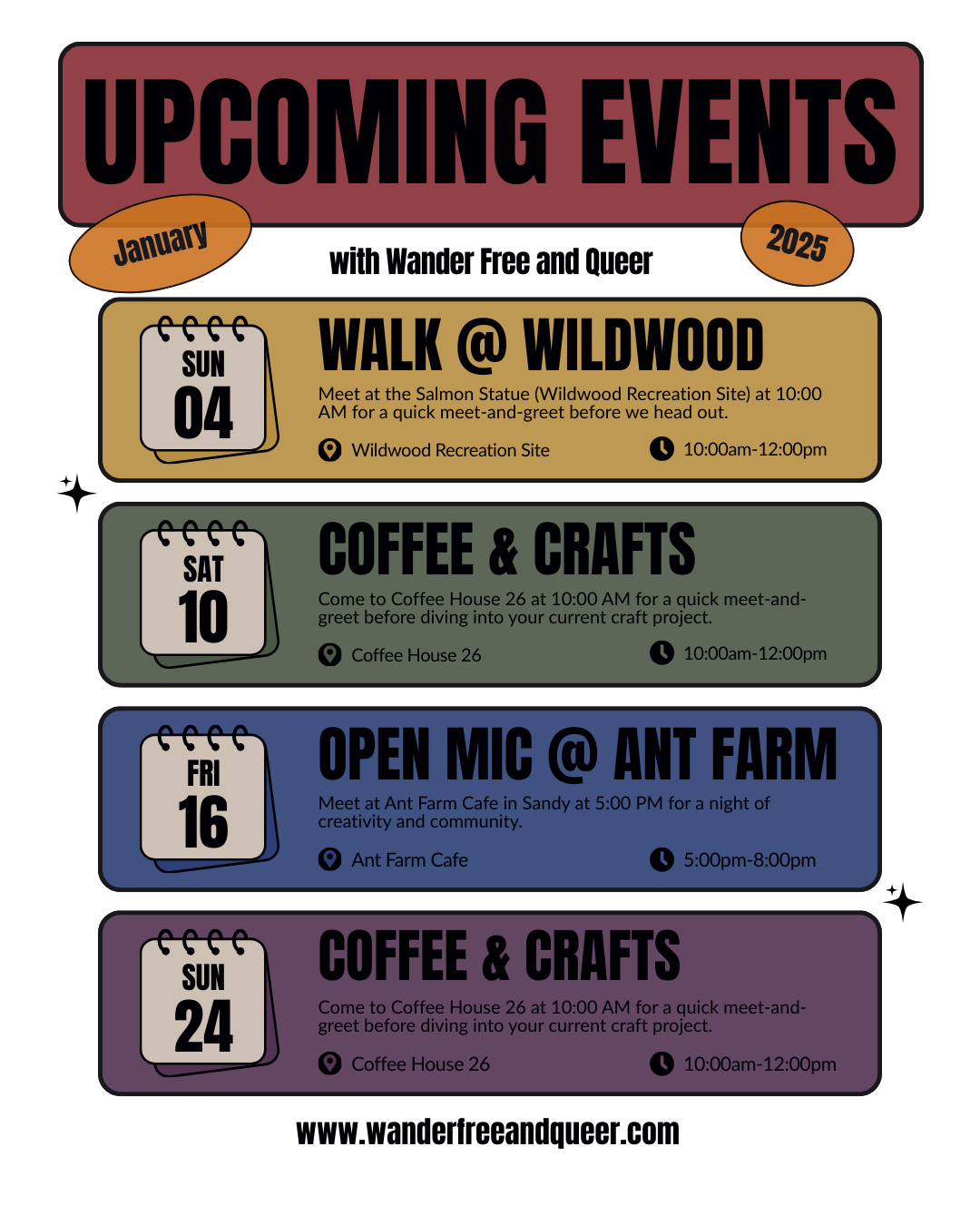 A schedule of upcoming events in January 2025 with Wander Free and Queer, including a walk at Wildwood on January 4th, coffee and crafts at Coffee House 26 on January 10th, an open mic at Ant Farm on January 16th, and more coffee and crafts at Coffee House 26 on January 24th. The poster has a colorful, layered design with each event in a separate colored box and details about time, location, and description.