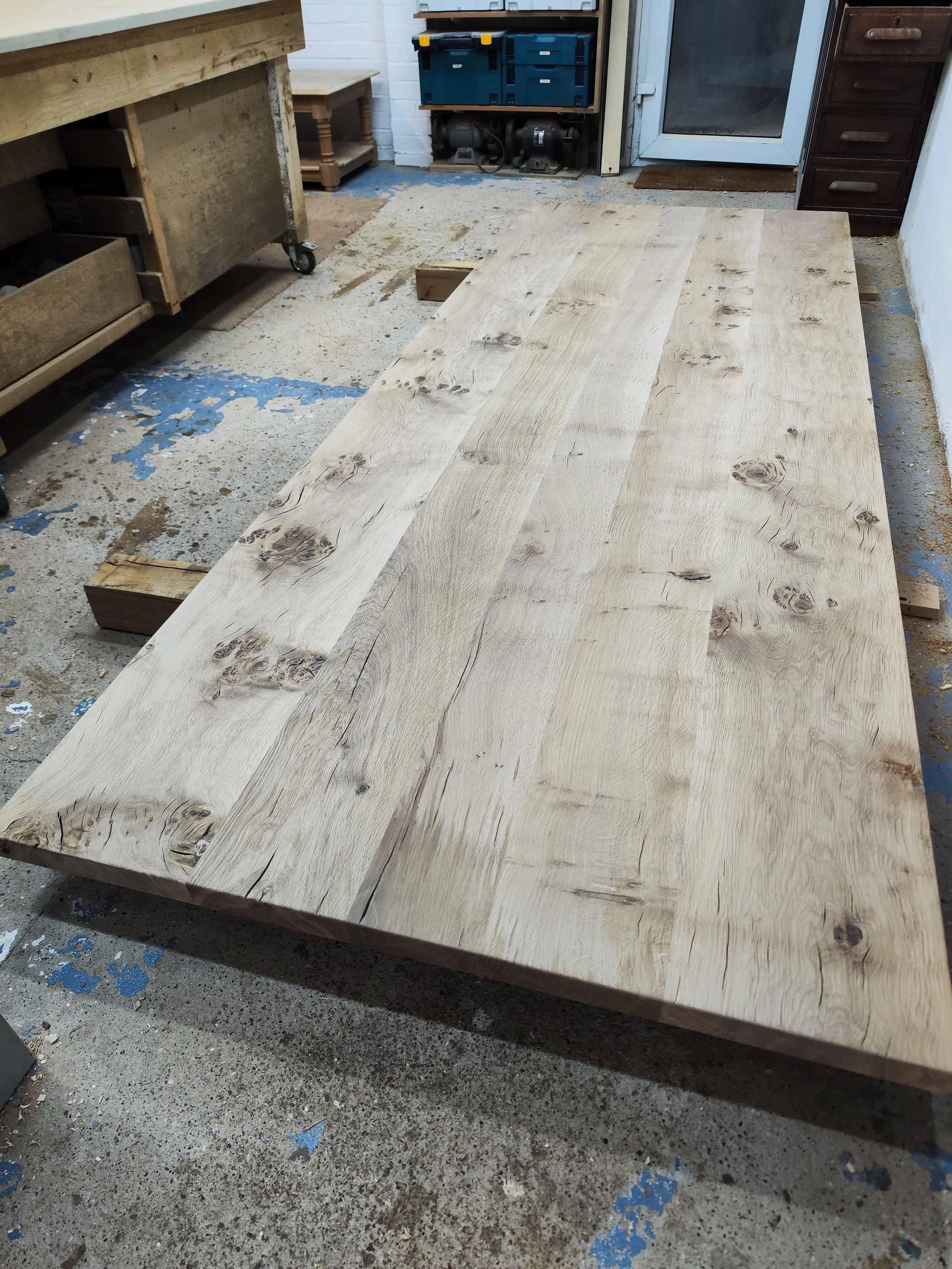 Then the boards are thicknessed, planed, jointed and glued. 