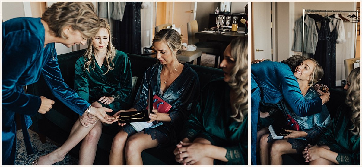 Bride receiving necklace from mother-in-law on wedding day | Lauren Parr Photography