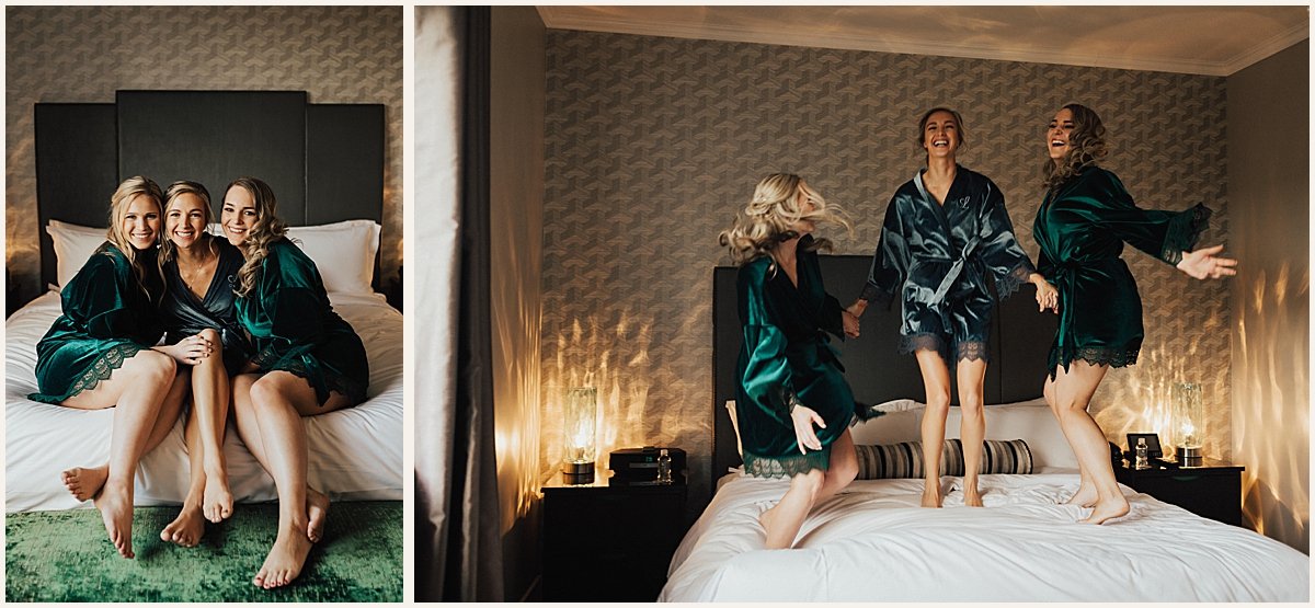 Bride jumping on bed with bridesmaids before wedding | Lauren Parr Photography