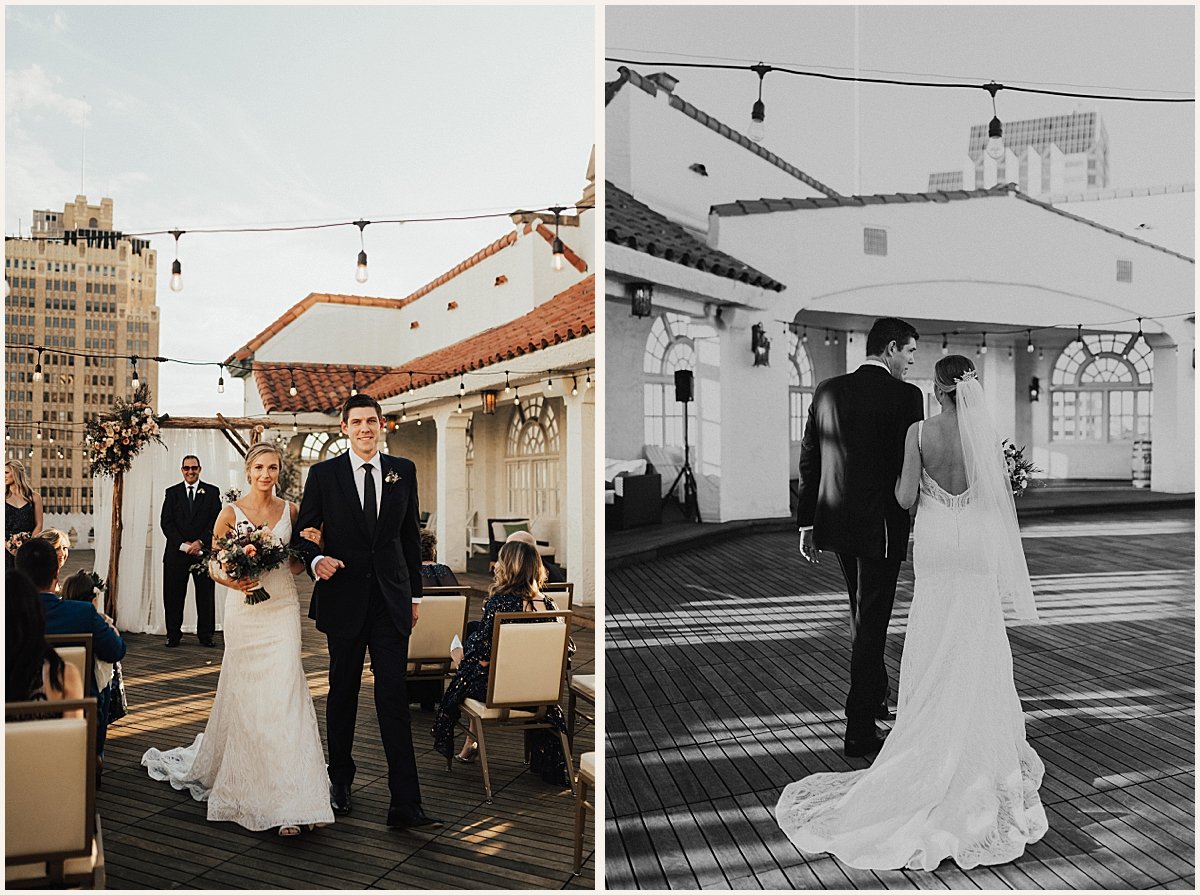 Bride and groom walking out after intimate rooftop wedding ceremony | Lauren Parr Photo