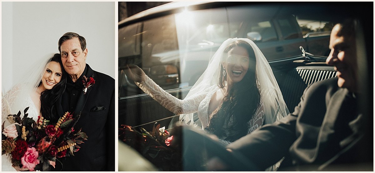 Dad with daughter on wedding day in vintage car | Lauren Parr Photography