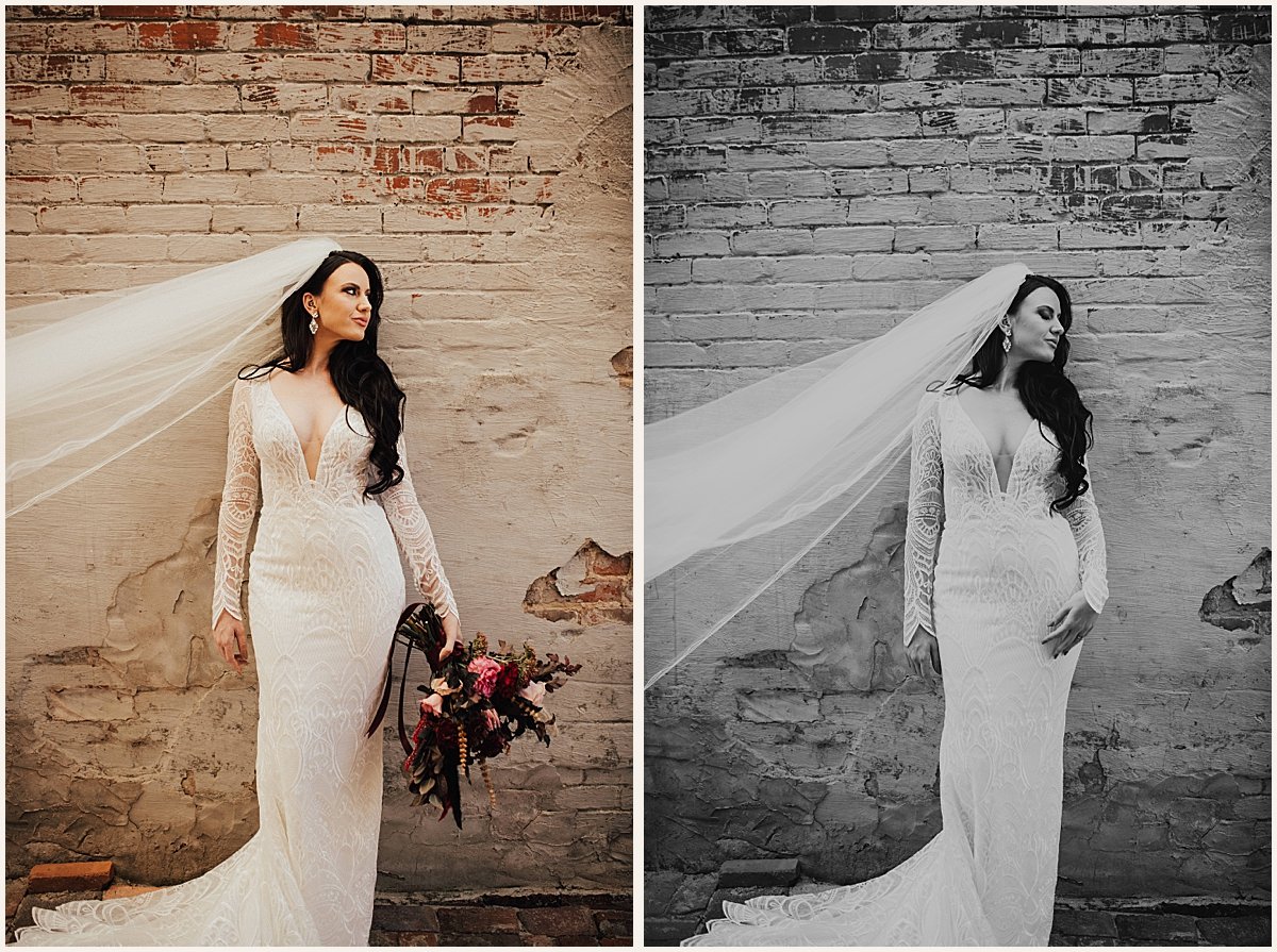 Bridal portraits against brick wall on wedding day | Lauren Parr Photography