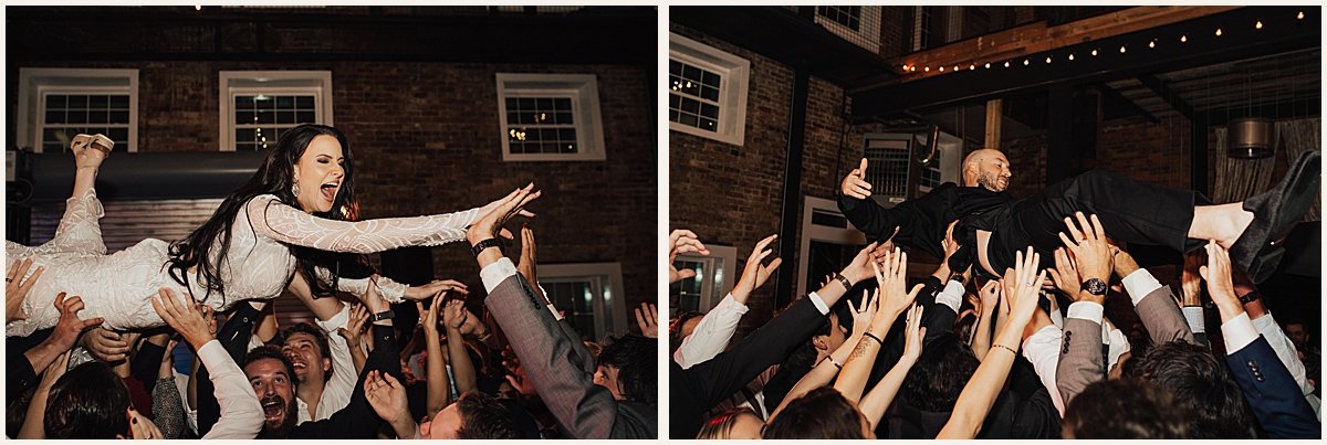 Bride and groom crowd surfing during wedding reception | Lauren Parr Photography