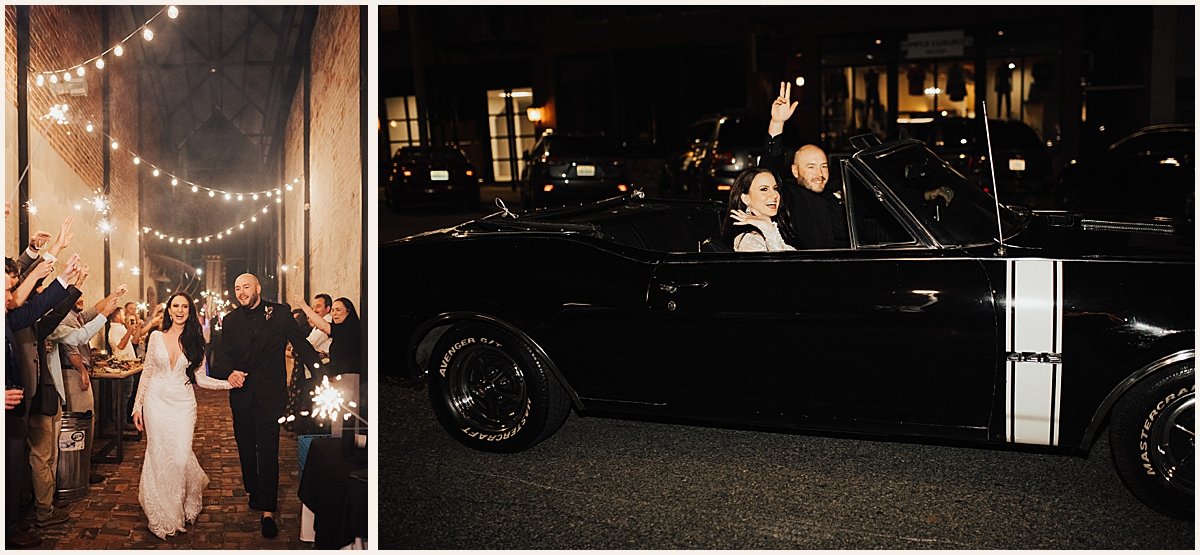 Bride and groom wedding exit in vintage car | Lauren Parr Photography