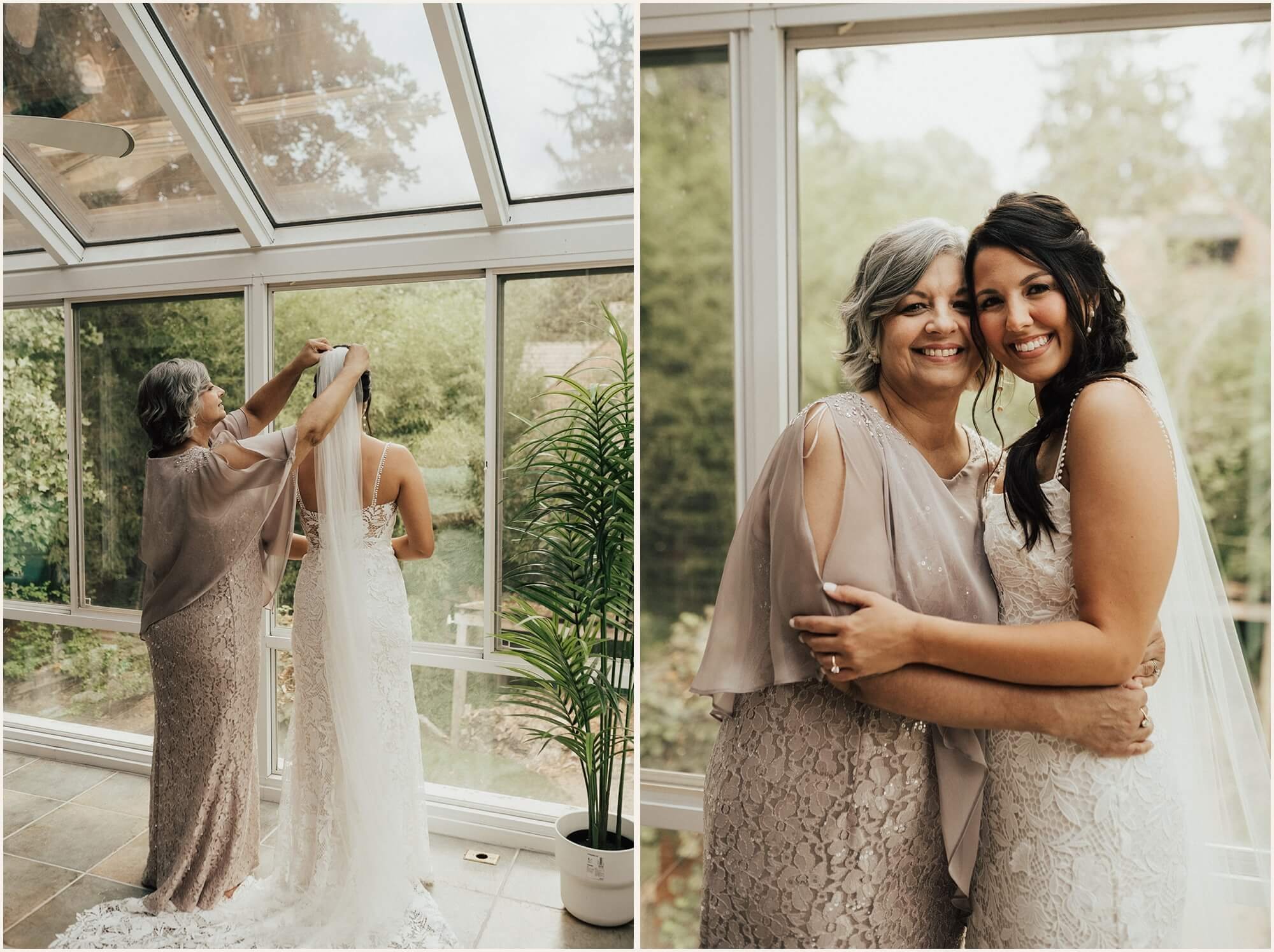 Bride getting ready with mom in sunroom of Airbnb