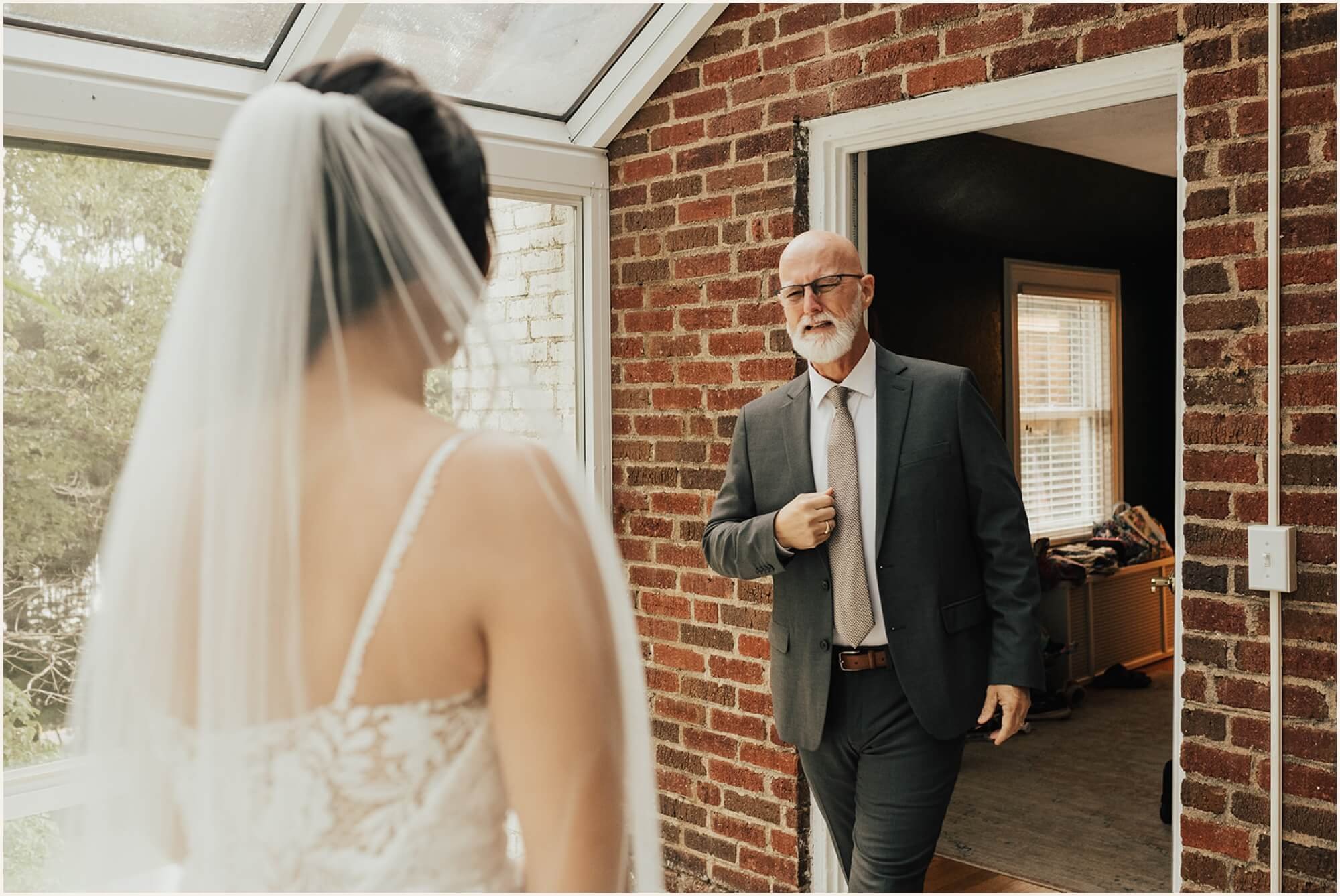 Bride doing first look with dad before Blue Ridge Mountains wedding