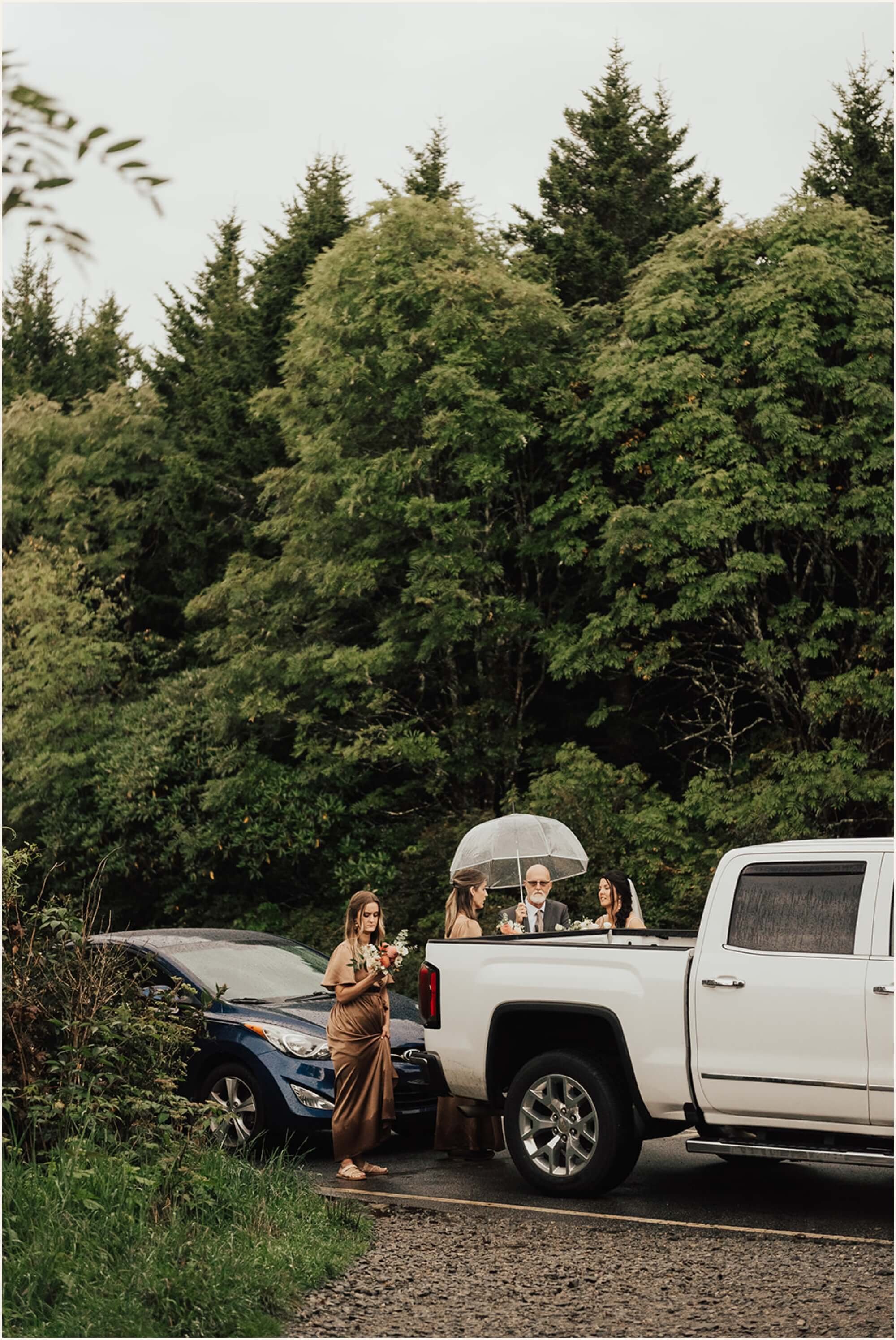 Wedding party waiting on side of road before ceremony