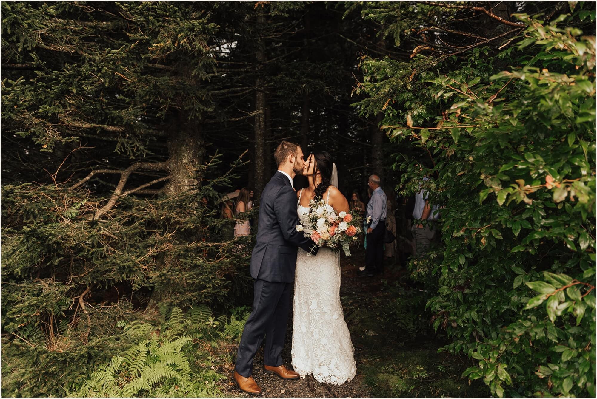 Bride and groom kissing after Blue Ridge Mountains wedding