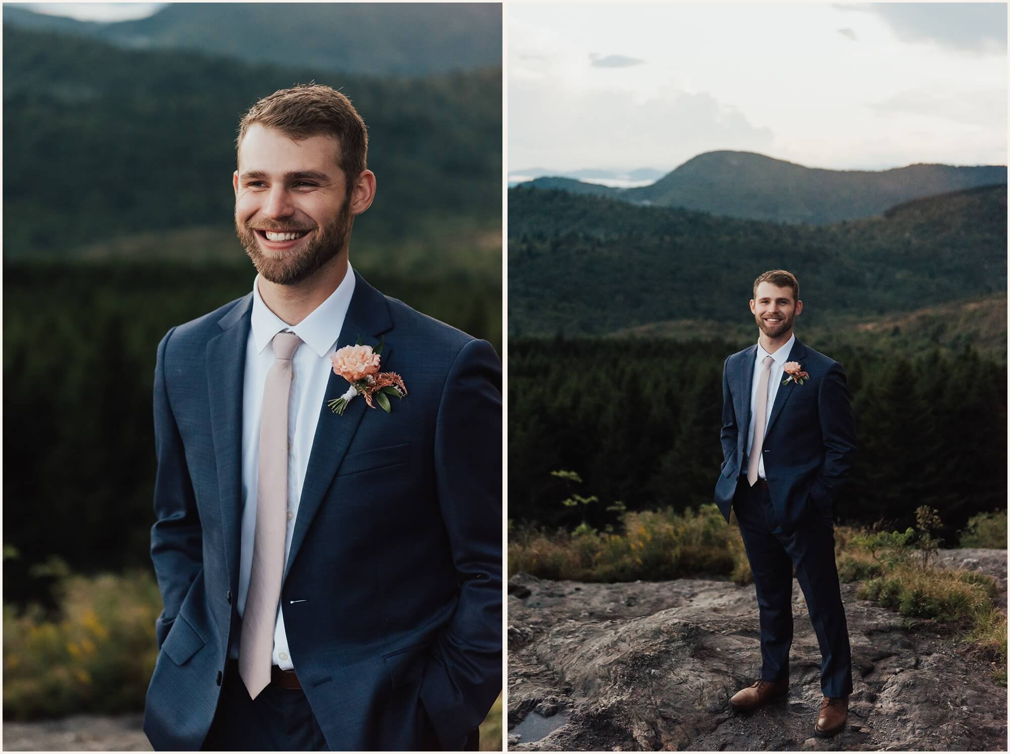 Groom wearing navy suit and light pink tie in the Blue Ridge Mountains
