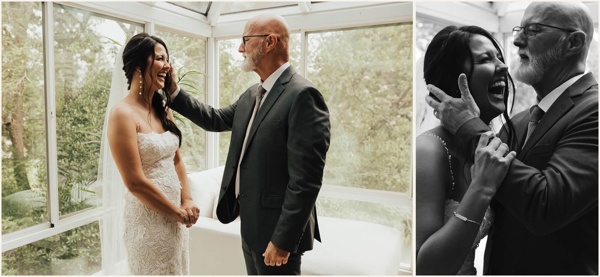 Dad admiring daughter and laughing together during first look