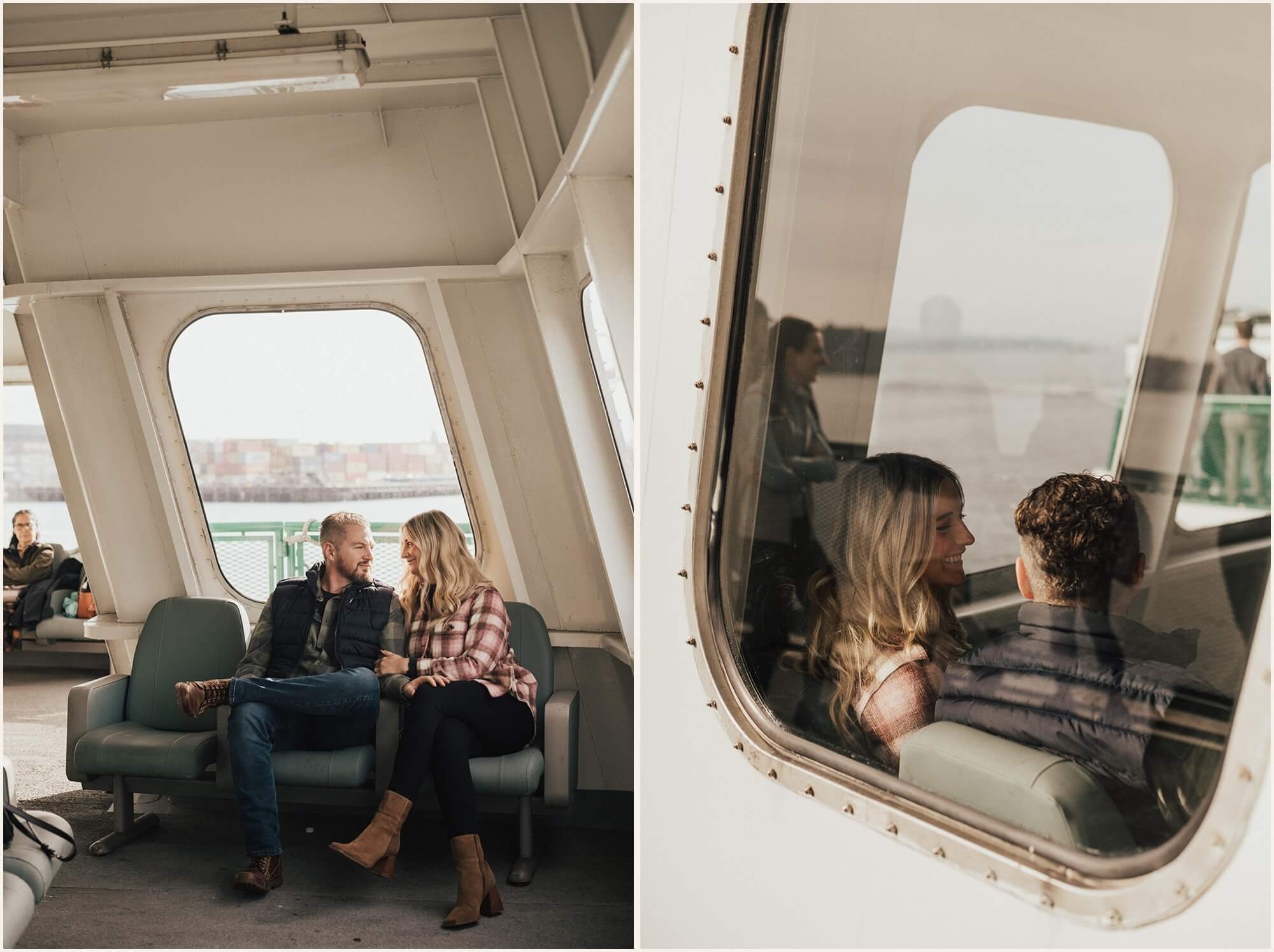 Couple sitting on ferry looking at each other during Seattle engagement photos