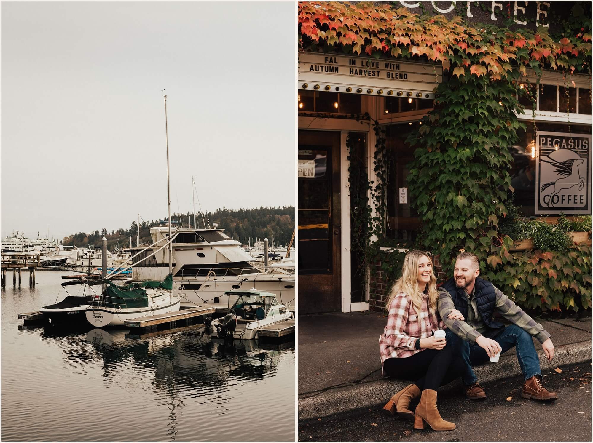 Boats docked at Bainbridge Island and couple sitting on curb outside coffee shop