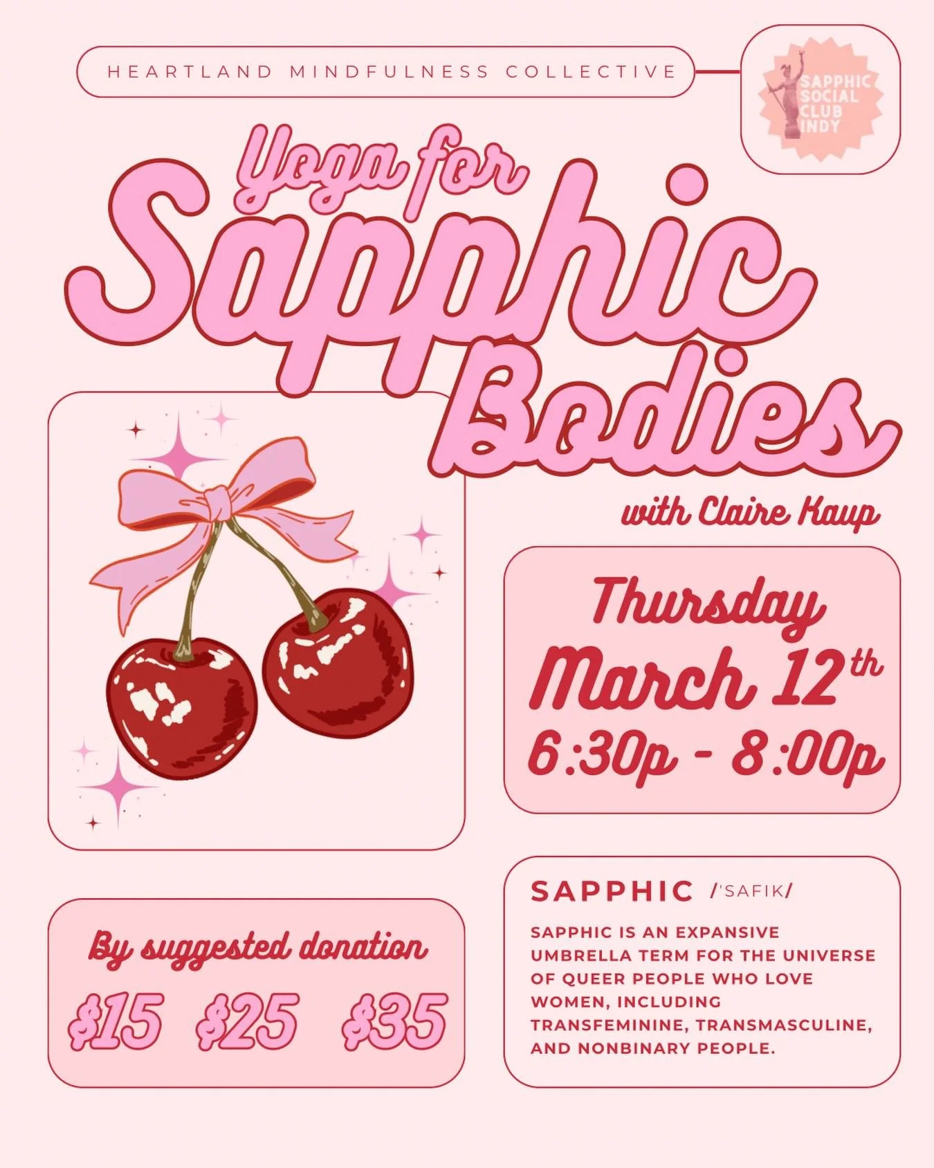 Yoga for Sapphic Bodies 💗

Come find some sweetness in a yoga space created for sapphic people to soften, breathe, and be held in their bodies &mdash; without explanation or performance.

Hosted in collaboration with @sapphicsocialindy and @cityoga 