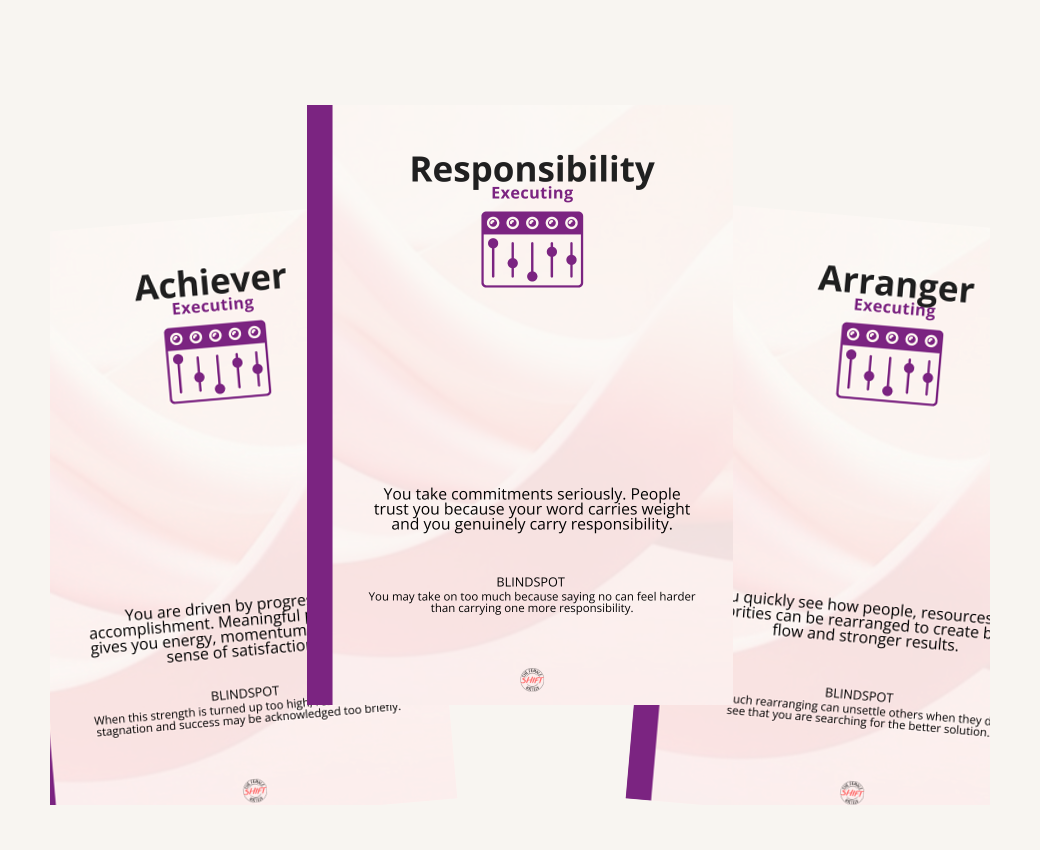 Three personalised FLOW strengths cards showing Achiever, Responsibility and Arranger.