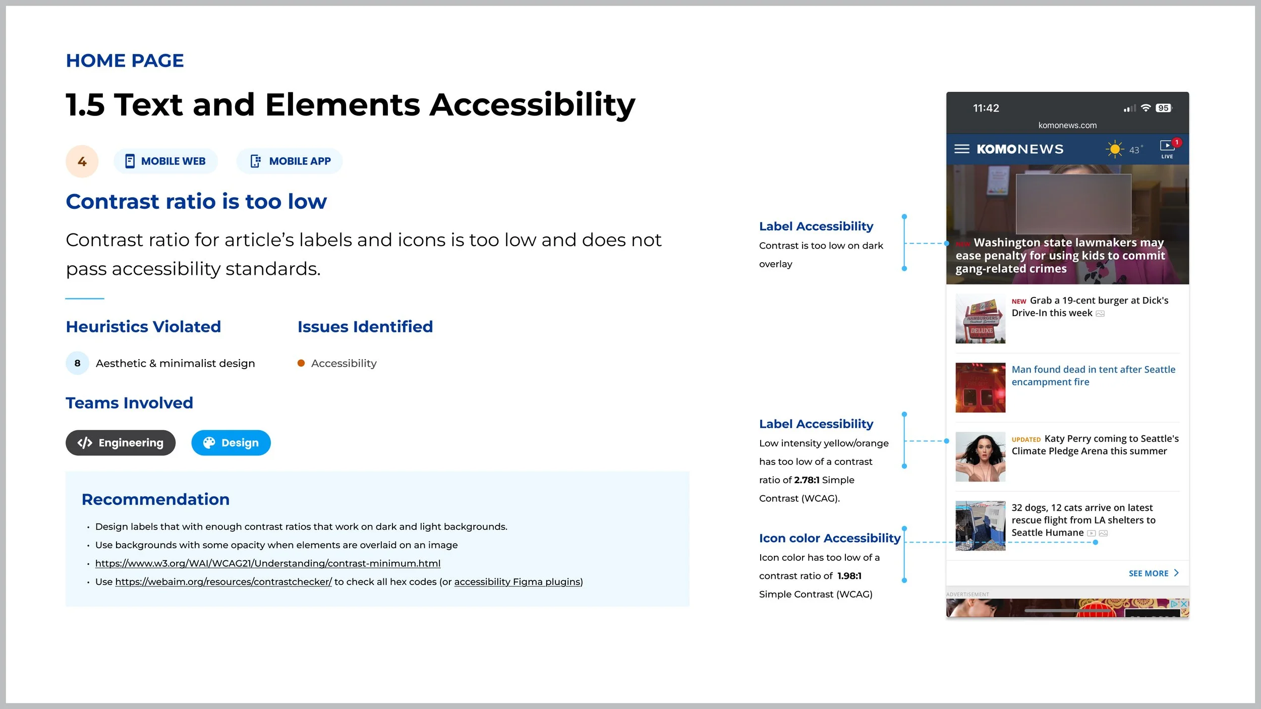 Image of a deck outlining instances of low color contrast. Issue is identified on the left using UX heuristics and a screenshot of the issues is on the right with labels for identifying each instances.
