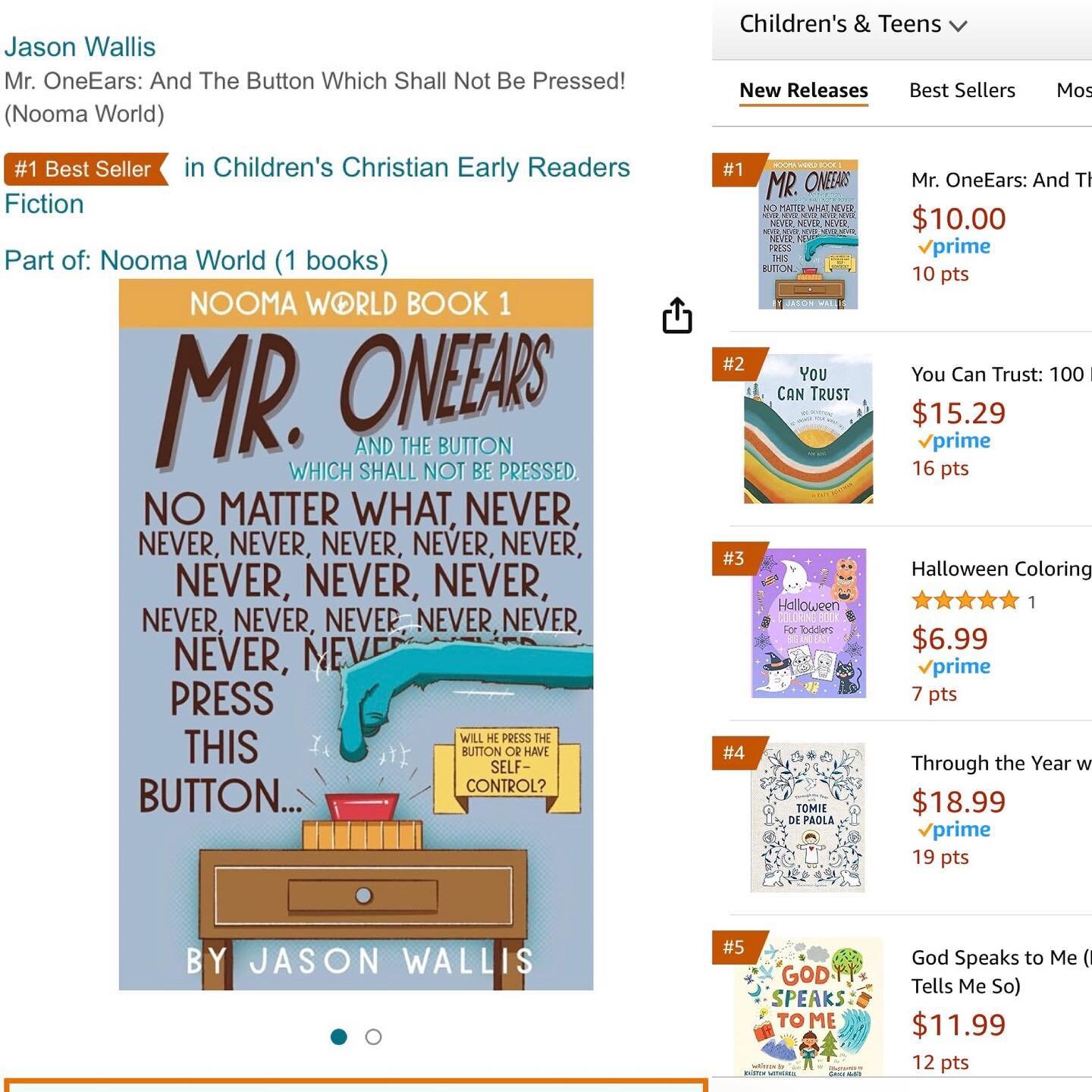 Blessed beyond words to see my early reader, Mr. OneEars and the Button Which Shall Not Be Pressed a #1 Best Seller on Amazon!! I would be honored if you considered checking it out! #kidlit #illustrator #picturebook #author #authorillustrator #selfco