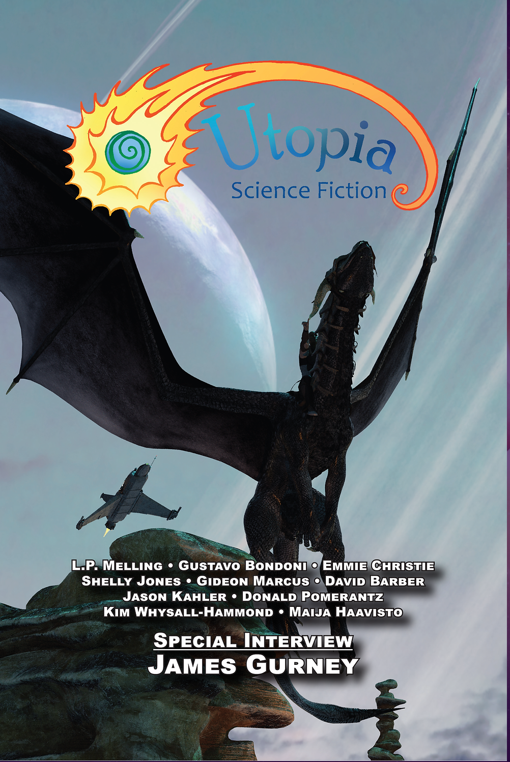 Cover art for Utopia Science Fiction  A dragon spreading its wings with a plane in the background