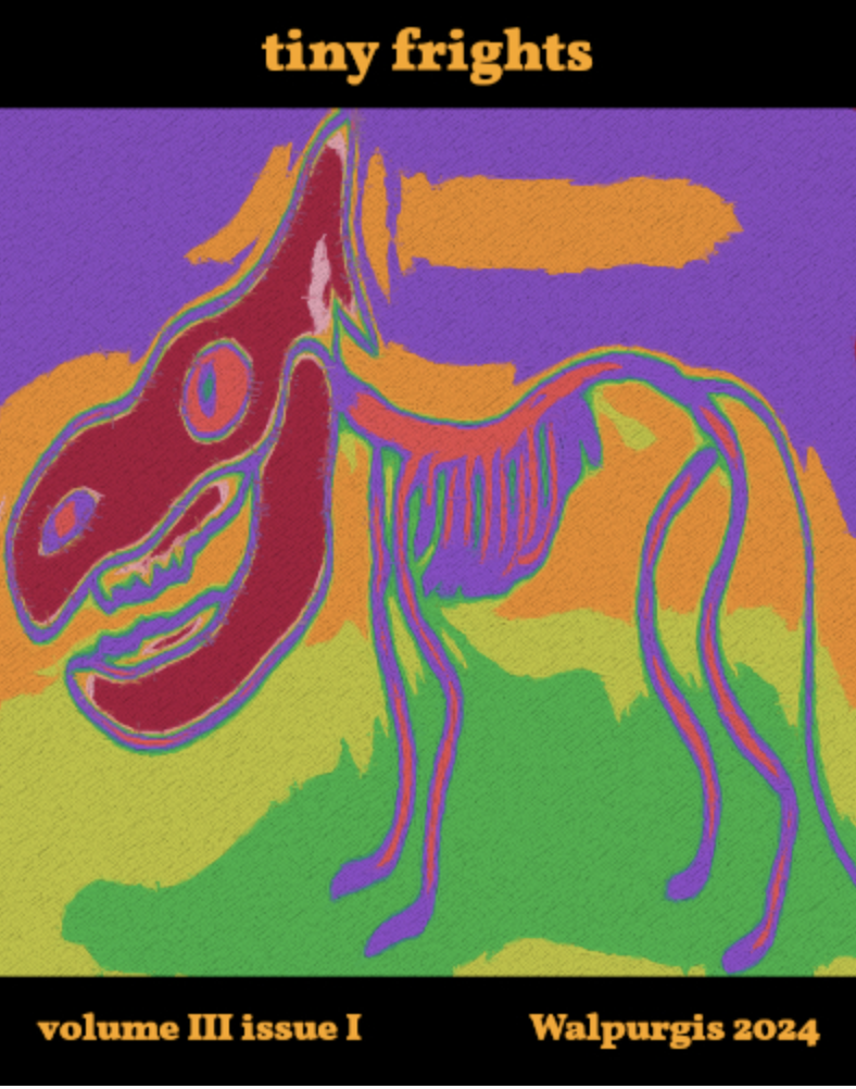 Cover art for Tiny Frights  An abstract image of a cartoon skeleton horse monster against a purple background