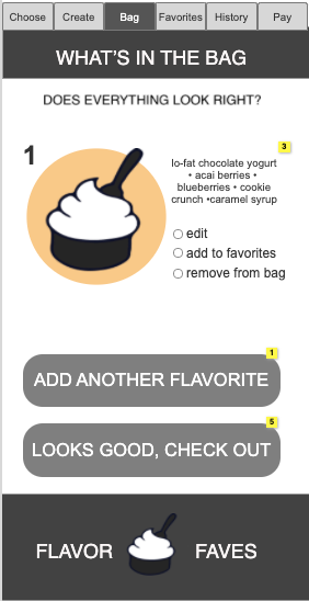 The shopping bag shows items that have been chosen and customized and allows users to either edit them or save them directly to their favorites.