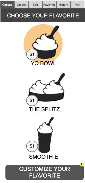 Users choose which item from the menu they would like and then proceed to customize it on the following page.