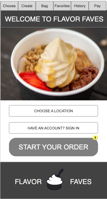 The homepage has clear navigation allowing users to create a new order or navigate directly to history or favorites pages.