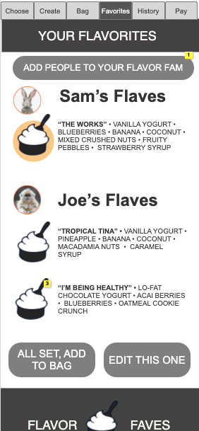 The Favorites page shows members of a user's "Flavor Fam" and allows them to set up new profiles and assign avatars.