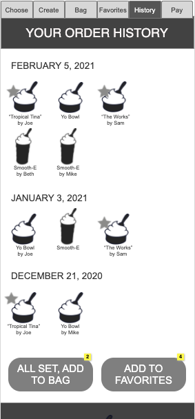 The History page displays a users order history with indication of which items are saved favorites and allows them to reorder directly from this page or add items to favorites.
