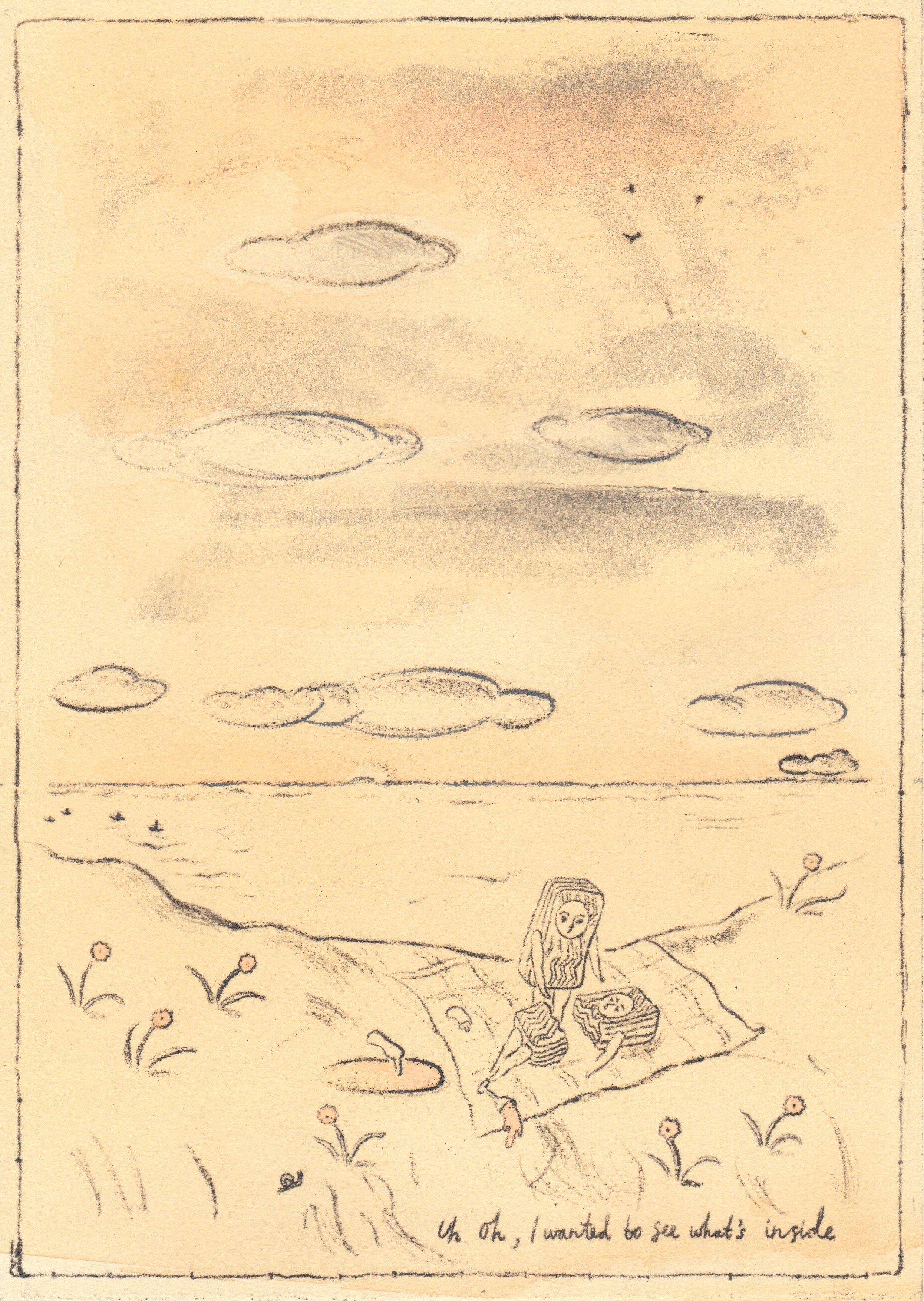 Uh Oh, I wanted to see what's inside, oil relief drawing and watercolour on paper, January 2026, 21x 30 cm 