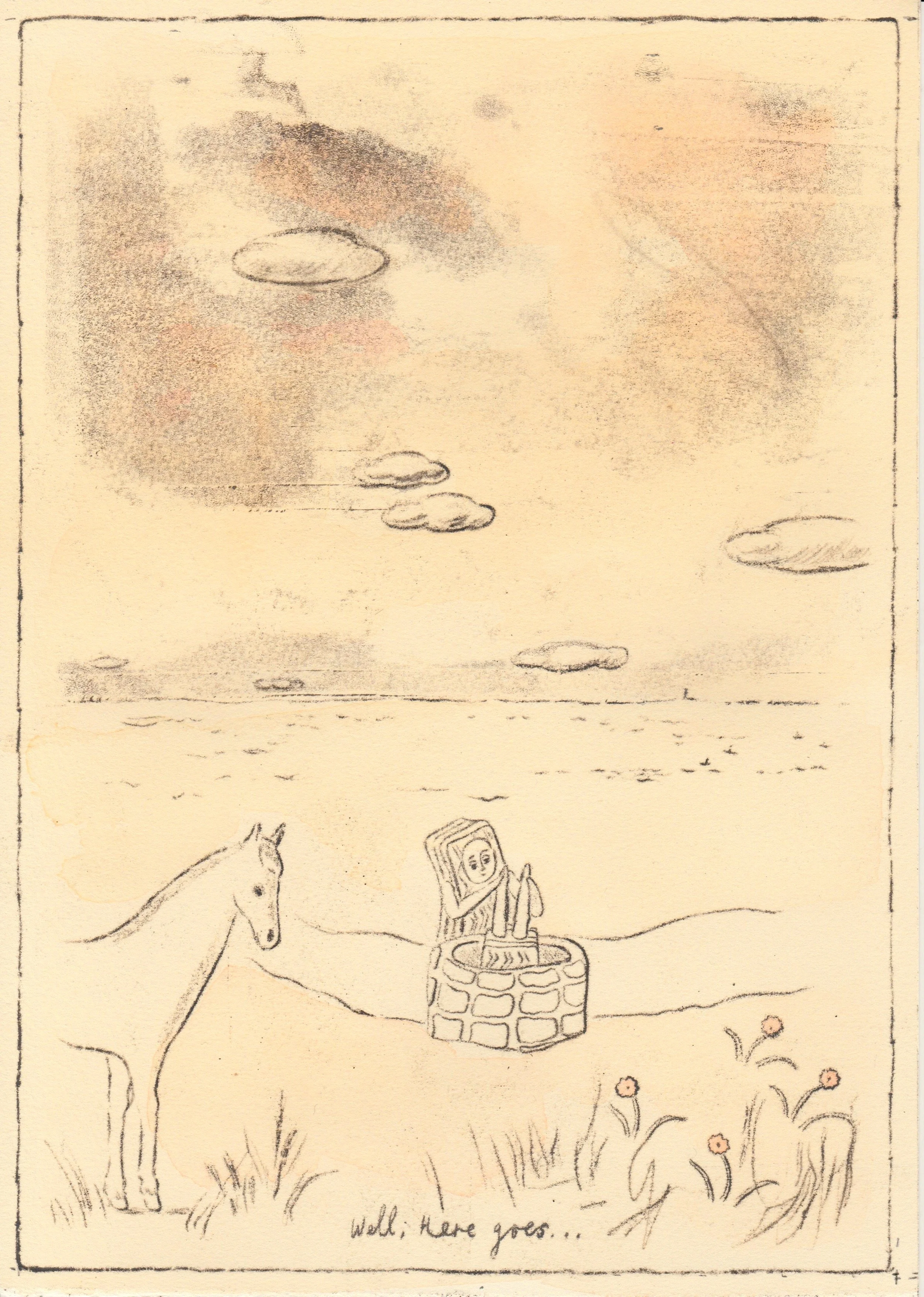 Well, here goes..., oil relief drawing and watercolour on paper, January 2026, 21x 30 cm 