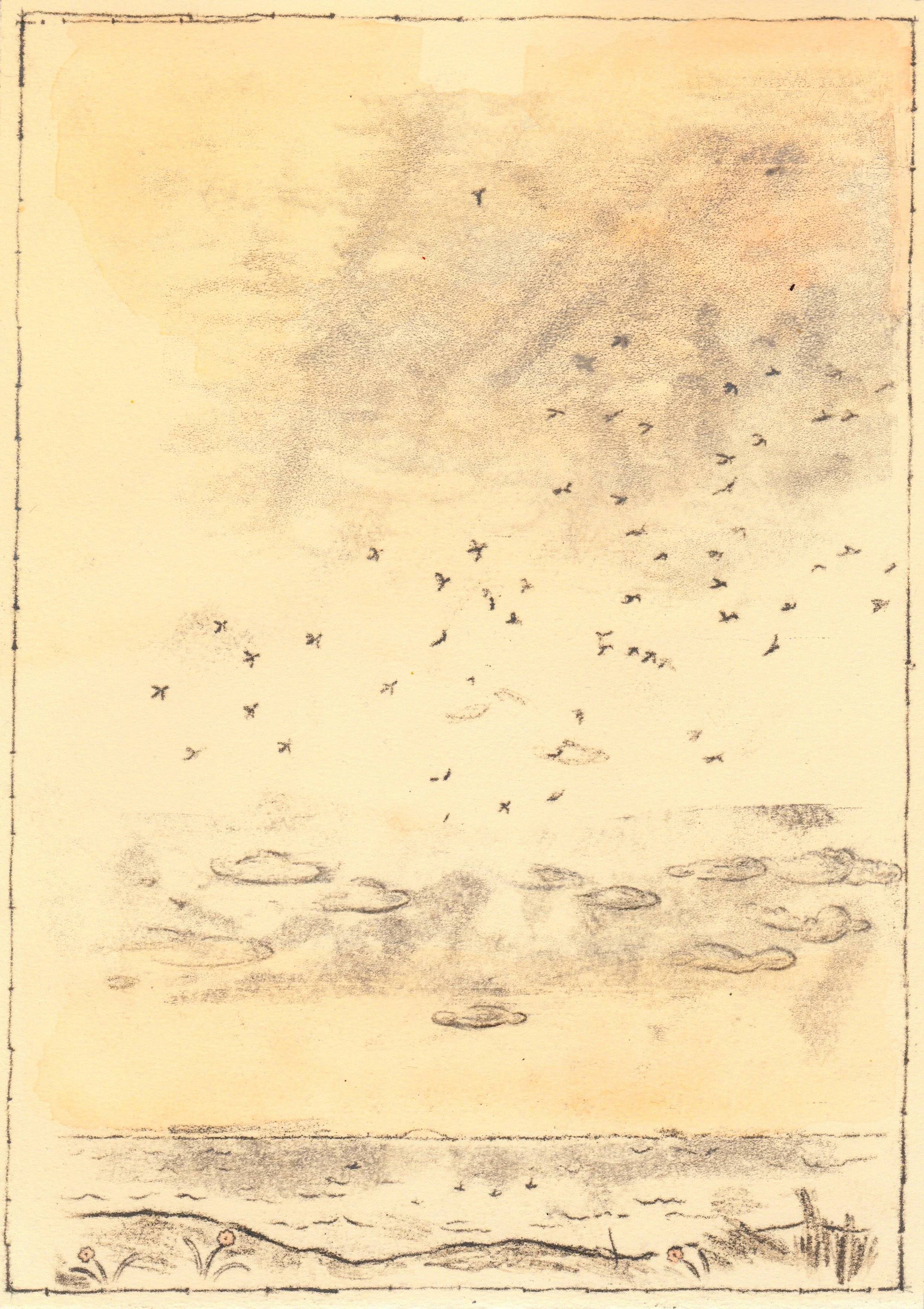 The Birds, oil relief drawing and watercolour on paper, January 2026, 21x 30 cm 