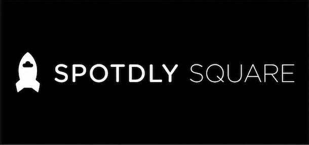 Logo with rocket icon and the text 'SPOTDLY SQUARE' on a black background.