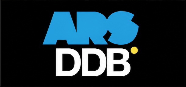 Logo with the text 'ARS DDB' in bold letters, with 'ARS' in blue and 'DDB' in white, and a small yellow dot. The background is black.