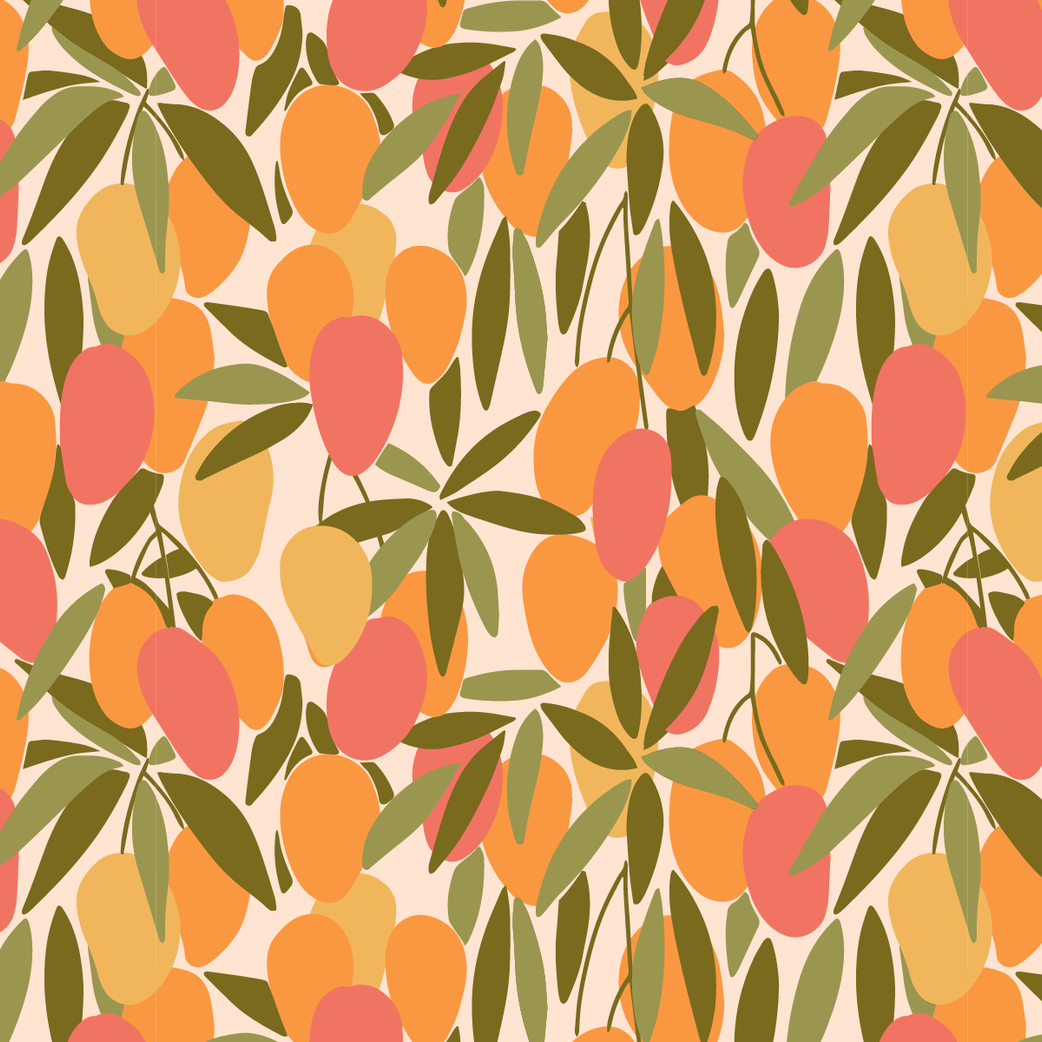 A seamless pattern of mangoes in shades of orange, yellow, and pink with green leaves on a light background.