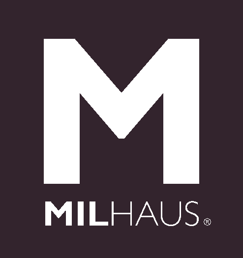 Logo with a large black letter 'M' above the words 'MILHAUS' in black text on a dark background.