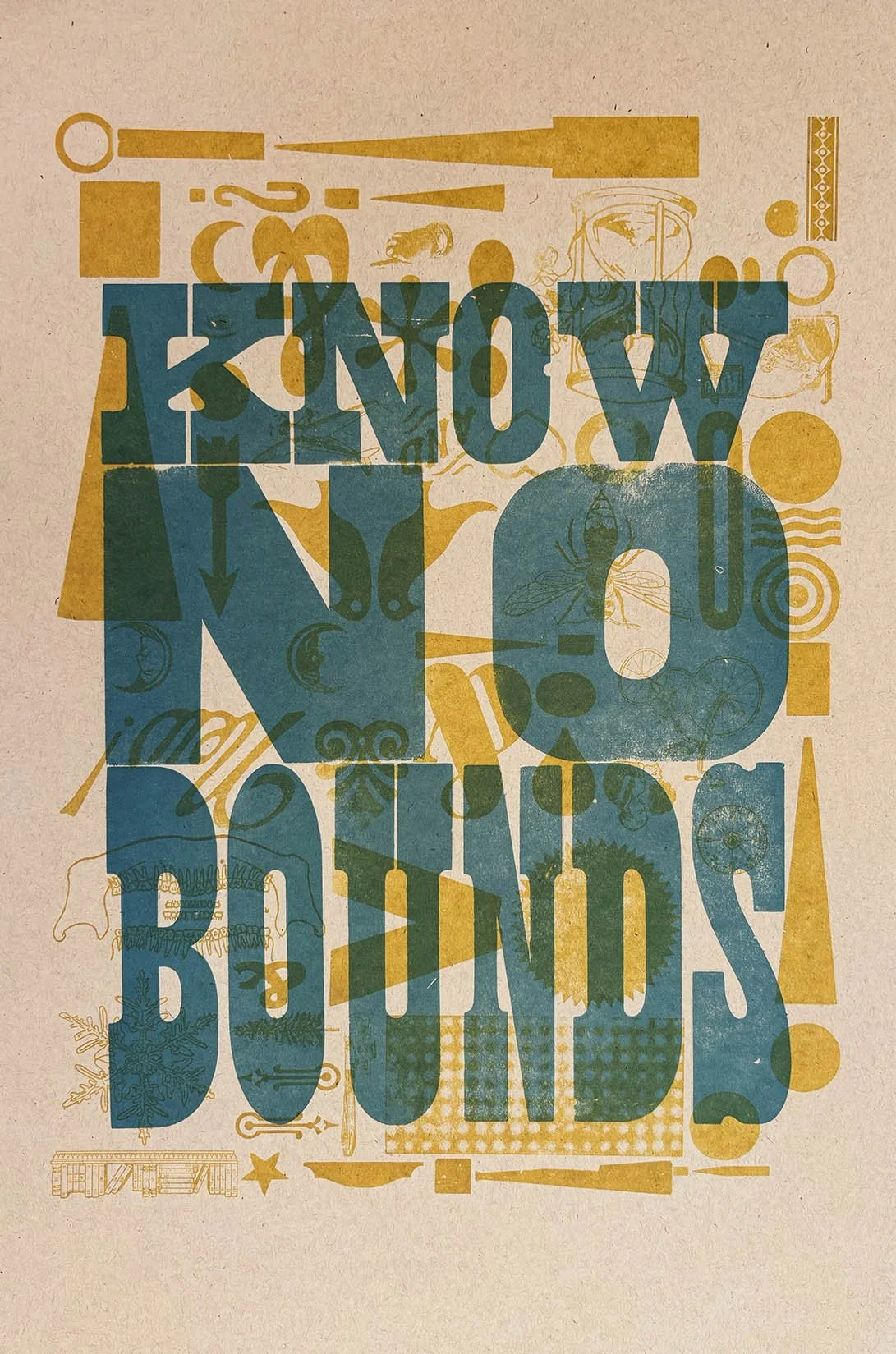 Poster with the words "KNOW NO BOUNDS!" in large blue and yellow letters, surrounded by various illustrations of scientific and mechanical objects.
